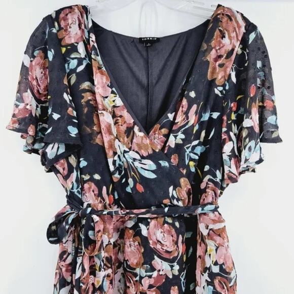 TORRID supplice  FAUX WRAP midi DRESS SWISS DOT FLORAL DARK GREY‎ plus size 4 - Picture 9 of 15